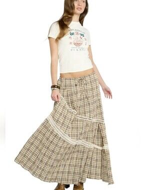 Daisy Street Cottagecore Plaid Tiered Maxi Skirt Lace Boho Prairie Small